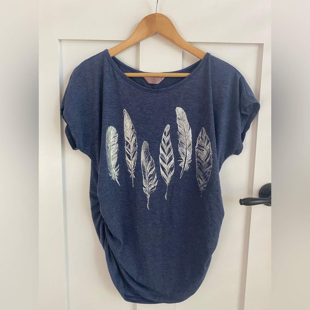 SJS Feather Detail Scoop Neck Gray Blue Shirt